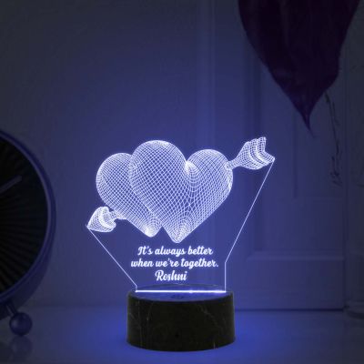 3D Double Heart Led Night Lamp with Multicolored Light Customized with Any Name and Text Gift for Anniversary